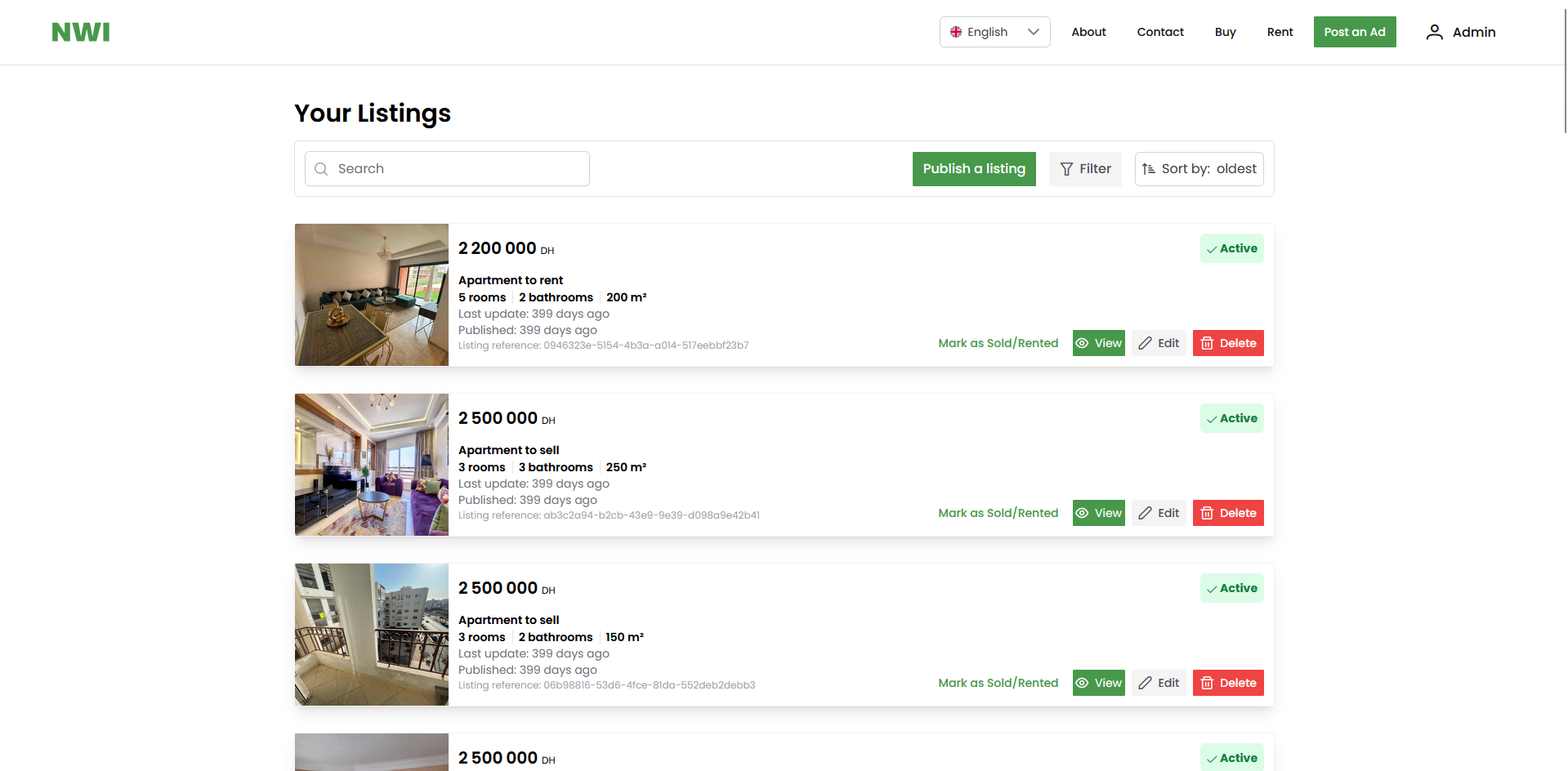 Manage Listings Page